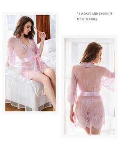 Pink lace sheer robe with floral patterns and matching satin belt for women