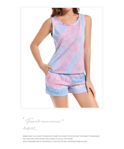 Detail of pink and blue tie-dye modal cotton pajama set with tank top and elastic shorts
