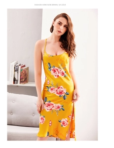 Detail of silk satin long nightdress with pink rose print and side slit design