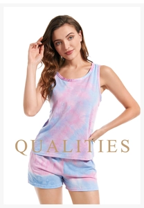 Detail view of pink and blue tie-dye loungewear set with round neck tank and shorts