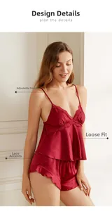 Detailed view of burgundy satin pajama set featuring adjustable straps and lace trim