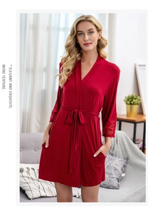 Elegant red modal cotton bathrobe with delicate lace trim on sleeves and belted waist