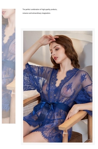 Detail of blue lace robe with eyelash trim and intricate floral crochet texture