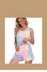 Detail of colorful tie-dye modal cotton pajama set with tank top and elastic shorts