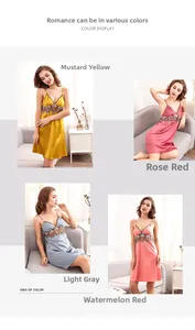 Lace patchwork satin nightdresses shown in ginger, bean red, light grey and watermelon red