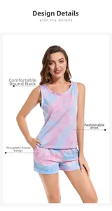 Detail view of the tie-dye pattern on round neck pajamas with convenient side pockets