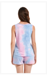 Rear view of women's pink and blue tie-dye modal cotton sleepwear set with racerback top