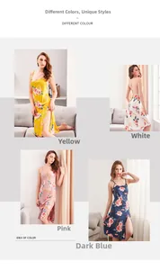 Detail view of floral satin nightgown showing various colors and backless slit design