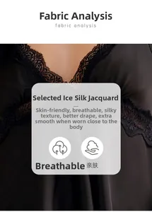 Detailed view of breathable black ice silk satin fabric with elegant lace trimming