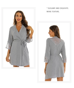 Gray modal cotton bathrobe featuring exquisite lace patchwork on sleeves and back