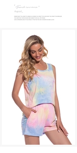 Detail view of colorful tie-dye modal cotton sleepwear set with tank top and shorts
