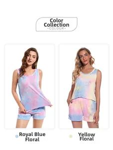 Close-up of colorful tie-dye modal pajamas sets in royal blue and yellow patterns