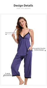 Détail du pyjama en modal violet avec bretelles réglables et bordure en dentelle noire