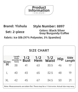 Size guide for women's satin pajama sets showing measurements for M, L, and XL sizes