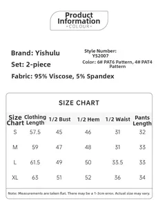 Size chart for tie-dye modal cotton pajama set showing measurements for S to XL sizes
