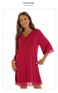 Close-up of dry rose modal cotton nightdress featuring intricate lace trim on the V-neckline