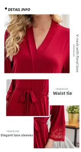 Close-up of deep V-neckline and elegant lace trim on a soft modal red bathrobe