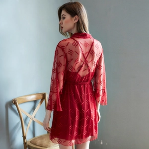 Three-piece red lace transparent lingerie set including a long sleeve robe and slip dress