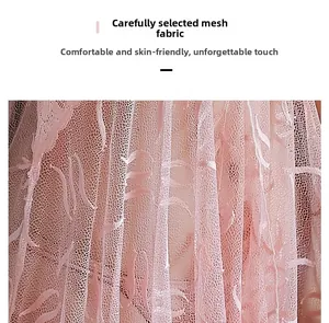 Close-up of pink sheer lace fabric with delicate floral patterns and soft mesh texture