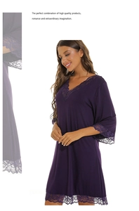 Detailed close-up of dark purple modal nightgown with lace trim on the V-neck and sleeves