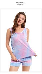 Detail of soft tie-dye sleeveless pajama set with matching shorts in dry rose color