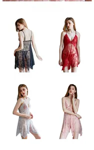 Lace chemise nightgown set in black, burgundy, white, and pink with deep V-neck detail