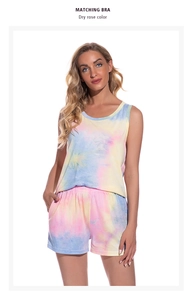 Detail of colorful tie-dye modal cotton sleepwear set with tank top and elastic shorts