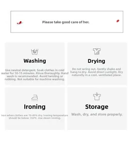 Care guide for modal sleepwear showing washing, drying, and ironing instructions