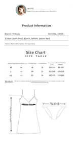Size chart for lace lingerie nightgown with material specs and measurement guide