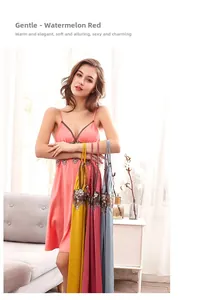 Lace V-neck patchwork detail on smooth satin nightgown shown in watermelon red color