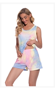 Detail view of tie-dye modal cotton sleepwear set with racerback tank and elastic shorts