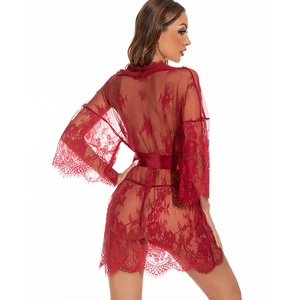 Sexy burgundy sheer lace robe for women featuring floral embroidery and satin waist tie