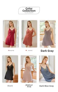 Lingerie in raso con pizzo in rosso giuggiola, caramello, grigio scuro e rosa noce