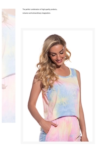 Detail view of pink, blue, and yellow tie-dye modal cotton sleepwear vest and shorts set