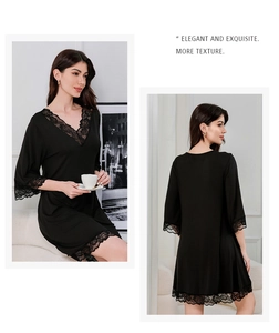 Detailed view of elegant black modal cotton nightgown with delicate lace V-neck trim