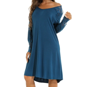 Chemise de Nuit Décontractée en Coton Tricoté pour Femmes Manches Longues Patchwork de Dentelle Grande Taille Respirante