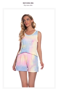 Detail of colorful tie-dye modal cotton sleepwear set featuring tank top and elastic shorts