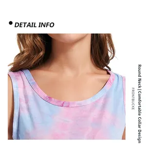 Detail showing the round neckline and pink-blue tie-dye pattern on the modal cotton top