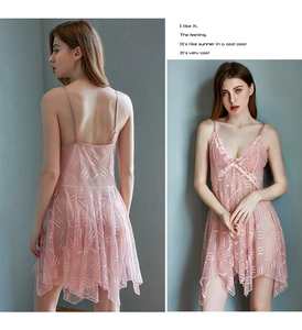 Detailed front and back view of light pink sheer lace chemise with deep V-neckline