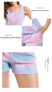 Detail view of pink and blue tie-dye loungewear showing neckline, pockets and stitching