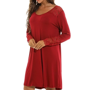 Nuisette femme en coton tricoté rouge foncé à manches longues avec bordure en dentelle