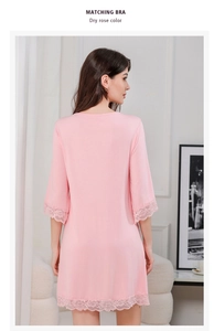 Detail of dry rose modal nightgown back with delicate lace trim on sleeves and hemline