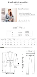 Detailed size chart and measurement guide for silk pajamas with fabric composition details