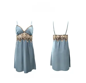 Detail show of blue satin nightgown featuring gold rose lace patchwork and adjustable straps