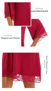 Detailed lace stitching on cuffs and hem of a wine red modal cotton nightgown