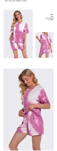 Detailed views of women's pink tie-dye sleepwear set with short sleeve top and drawstring shorts