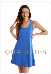 Detail of blue sleeveless cotton nightgown featuring a round neck and slim fit texture