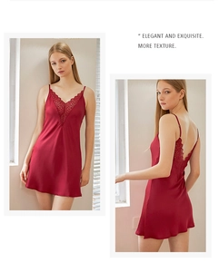 Dettagli della camicia da notte in raso bordeaux con scollo a V e pizzo raffinato