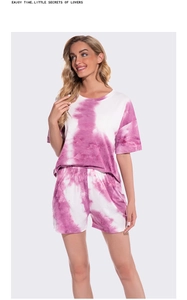 Detail of colorful tie-dye modal cotton sleepwear set with short sleeves and elastic shorts