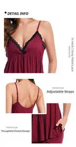Détails de nuisette en modal bordeaux avec dentelle, bretelle réglable et poche latérale